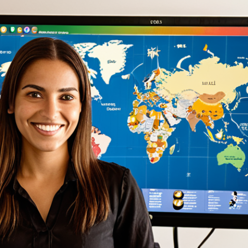 **

A professional translator, smiling confidently, stands in front of a world map filled with language symbols and currency icons. In the foreground, a computer screen displays CAT tool software. The overall feeling is empowering and successful, highlighting the benefits of translation certification in Portugal. Consider warm, inviting lighting.

**