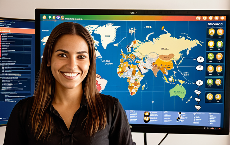 **
A professional translator, smiling confidently, stands in front of a world map filled with language symbols and currency icons. In the foreground, a computer screen displays CAT tool software. The overall feeling is empowering and successful, highlighting the benefits of translation certification in Portugal. Consider warm, inviting lighting.
**