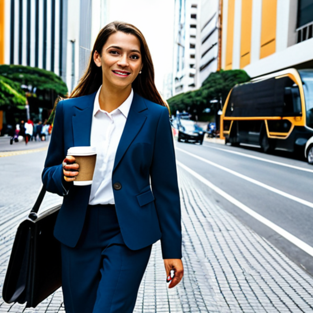 **
A professional businesswoman in a modest business suit, walking through a bustling city street in São Paulo, Brazil. She is holding a coffee cup and a briefcase. The background includes modern buildings and vibrant street life. fully clothed, appropriate attire, safe for work, perfect anatomy, natural proportions, professional photography, high quality.
**