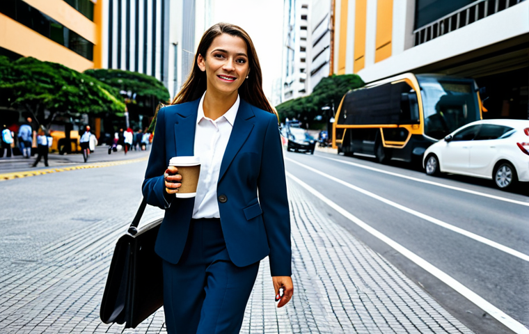 **
A professional businesswoman in a modest business suit, walking through a bustling city street in São Paulo, Brazil. She is holding a coffee cup and a briefcase. The background includes modern buildings and vibrant street life. fully clothed, appropriate attire, safe for work, perfect anatomy, natural proportions, professional photography, high quality.
**