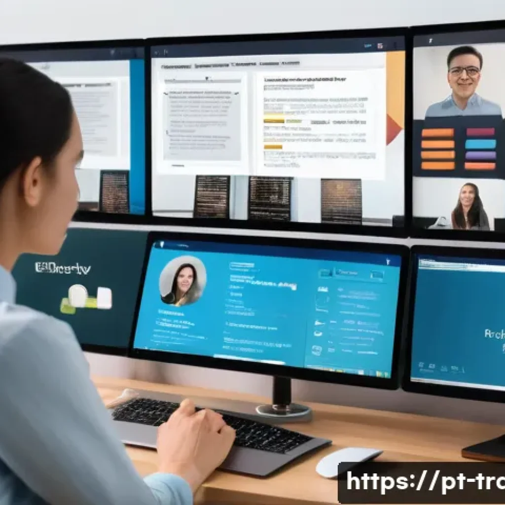 번역사 자격증 관련 기관에서의 도움 받기 - A professional setting showing a diverse group of translators engaged in an online certification pre...