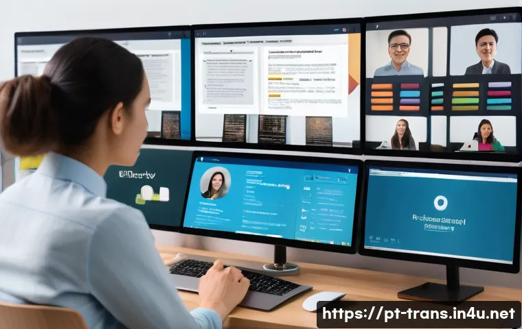 번역사 자격증 관련 기관에서의 도움 받기 - A professional setting showing a diverse group of translators engaged in an online certification pre...