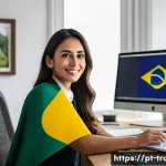 Home 22 번역사 자격증으로 경력 전환 성공하기 - A professional translator working remotely at a modern home office in Brazil, surrounded by dual com...