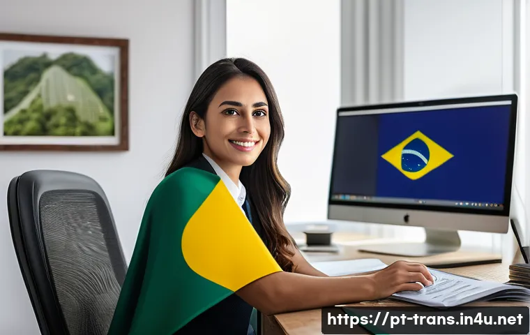 번역사 자격증으로 경력 전환 성공하기 - A professional translator working remotely at a modern home office in Brazil, surrounded by dual com...