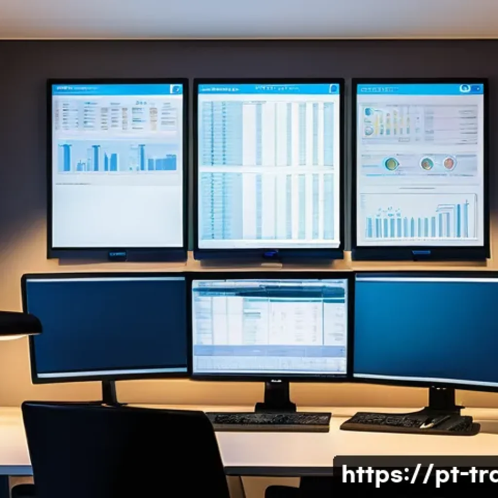 번역사 자격증 취득 후 성공 사례 인터뷰 - A professional translator at a modern home office desk, surrounded by multiple computer screens disp...