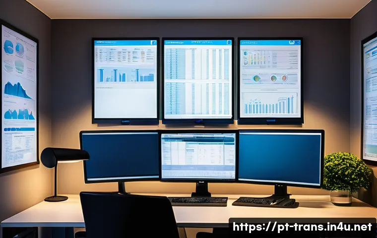 번역사 자격증 취득 후 성공 사례 인터뷰 - A professional translator at a modern home office desk, surrounded by multiple computer screens disp...