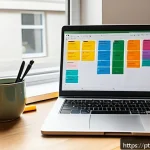Home 20 번역사 업무 일지 작성 예시 - A modern, cozy home office workspace with a large wooden desk covered in neatly organized daily task...