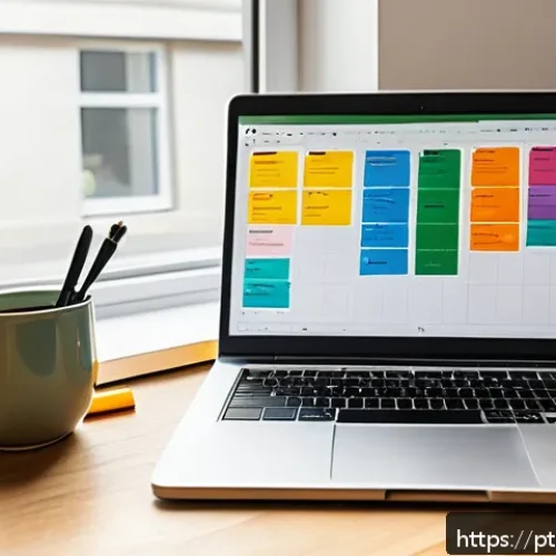 Home 32 번역사 업무 일지 작성 예시 - A modern, cozy home office workspace with a large wooden desk covered in neatly organized daily task...