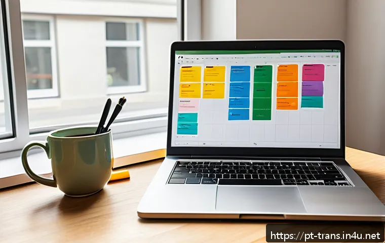 번역사 업무 일지 작성 예시 - A modern, cozy home office workspace with a large wooden desk covered in neatly organized daily task...