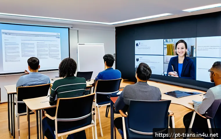 번역사 자격증 학원 선택 기준 - A modern translation classroom scene featuring a diverse group of adult students attentively partici...