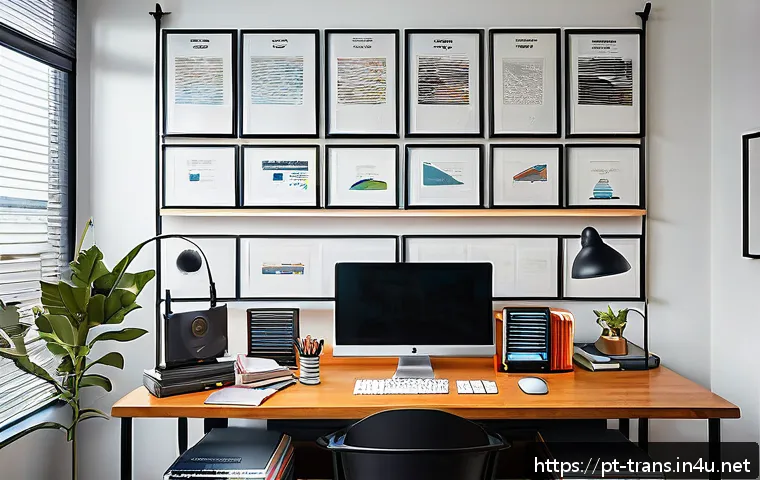 번역사 업무에서의 어려움 극복 방법 - A professional translation workspace featuring a modern desk with dual monitors displaying CAT tools...